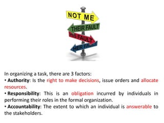 In organizing a task, there are 3 factors:
• Authority: Is the right to make decisions, issue orders and allocate
resources.
• Responsibility: This is an obligation incurred by individuals in
performing their roles in the formal organization.
• Accountability: The extent to which an individual is answerable to
the stakeholders.
 