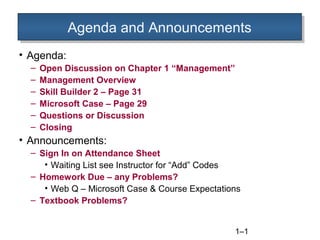 Agenda and Announcements
Agenda and Announcements
• Agenda:
–
–
–
–
–
–

Open Discussion on Chapter 1 “Management”
Management Overview
Skill Builder 2 – Page 31
Microsoft Case – Page 29
Questions or Discussion
Closing

• Announcements:
– Sign In on Attendance Sheet
• Waiting List see Instructor for “Add” Codes
– Homework Due – any Problems?
• Web Q – Microsoft Case & Course Expectations
– Textbook Problems?
1–1

 
