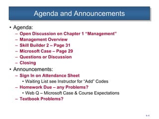 1–1
Agenda and Announcements
• Agenda:
– Open Discussion on Chapter 1 “Management”
– Management Overview
– Skill Builder 2 – Page 31
– Microsoft Case – Page 29
– Questions or Discussion
– Closing
• Announcements:
– Sign In on Attendance Sheet
• Waiting List see Instructor for “Add” Codes
– Homework Due – any Problems?
• Web Q – Microsoft Case & Course Expectations
– Textbook Problems?
 