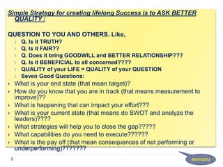 Simple Strategy for creating lifelong Success is to ASK BETTER
QUALITY :
QUESTION TO YOU AND OTHERS. Like,
 Q. Is it TRUTH?
 Q. Is it FAIR??
 Q. Does it bring GOODWILL and BETTER RELATIONSHIP???
 Q. Is it BENEFICIAL to all concerned????
 QUALITY of your LIFE = QUALITY of your QUESTION
 Seven Good Questions:
 What is your end state (that mean target)?
 How do you know that you are in track (that means measurement to
improve)??
 What is happening that can impact your effort???
 What is your current state (that means do SWOT and analyze the
leaders)????
 What strategies will help you to close the gap?????
 What capabilities do you need to execute??????
 What is the pay off (that mean consequences of not performing or
underperforming)???????
09/01/2013
 