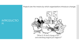INTRODUCTIO
N
Projects are the means by which organizations introduce change.
 