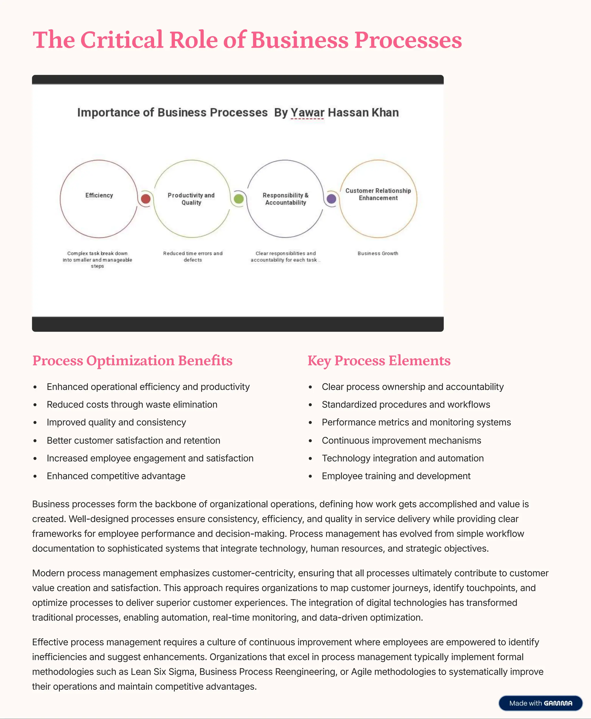 The Critical Role of Business Processes
Process Optimization Benefits
Enhanced operational efficiency and productivity
Reduced costs through waste elimination
Improved quality and consistency
Better customer satisfaction and retention
Increased employee engagement and satisfaction
Enhanced competitive advantage
Key Process Elements
Clear process ownership and accountability
Standardized procedures and workflows
Performance metrics and monitoring systems
Continuous improvement mechanisms
Technology integration and automation
Employee training and development
Business processes form the backbone of organizational operations, defining how work gets accomplished and value is
created. Well-designed processes ensure consistency, efficiency, and quality in service delivery while providing clear
frameworks for employee performance and decision-making. Process management has evolved from simple workflow
documentation to sophisticated systems that integrate technology, human resources, and strategic objectives.
Modern process management emphasizes customer-centricity, ensuring that all processes ultimately contribute to customer
value creation and satisfaction. This approach requires organizations to map customer journeys, identify touchpoints, and
optimize processes to deliver superior customer experiences. The integration of digital technologies has transformed
traditional processes, enabling automation, real-time monitoring, and data-driven optimization.
Effective process management requires a culture of continuous improvement where employees are empowered to identify
inefficiencies and suggest enhancements. Organizations that excel in process management typically implement formal
methodologies such as Lean Six Sigma, Business Process Reengineering, or Agile methodologies to systematically improve
their operations and maintain competitive advantages.
 