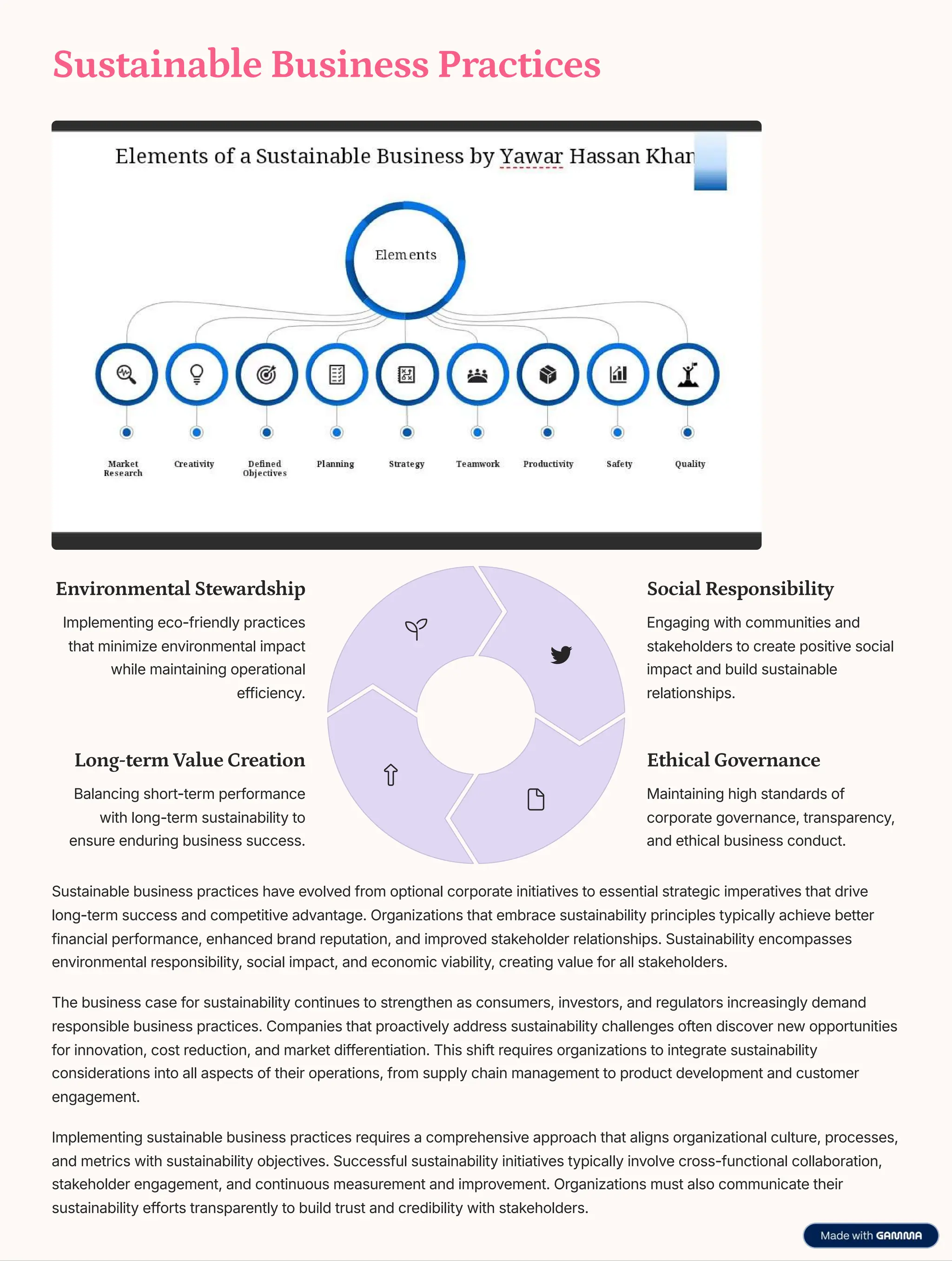 Sustainable Business Practices
Sustainable business practices have evolved from optional corporate initiatives to essential strategic imperatives that drive
long-term success and competitive advantage. Organizations that embrace sustainability principles typically achieve better
financial performance, enhanced brand reputation, and improved stakeholder relationships. Sustainability encompasses
environmental responsibility, social impact, and economic viability, creating value for all stakeholders.
The business case for sustainability continues to strengthen as consumers, investors, and regulators increasingly demand
responsible business practices. Companies that proactively address sustainability challenges often discover new opportunities
for innovation, cost reduction, and market differentiation. This shift requires organizations to integrate sustainability
considerations into all aspects of their operations, from supply chain management to product development and customer
engagement.
Implementing sustainable business practices requires a comprehensive approach that aligns organizational culture, processes,
and metrics with sustainability objectives. Successful sustainability initiatives typically involve cross-functional collaboration,
stakeholder engagement, and continuous measurement and improvement. Organizations must also communicate their
sustainability efforts transparently to build trust and credibility with stakeholders.
Environmental Stewardship
Implementing eco-friendly practices
that minimize environmental impact
while maintaining operational
efficiency.
Social Responsibility
Engaging with communities and
stakeholders to create positive social
impact and build sustainable
relationships.
Ethical Governance
Maintaining high standards of
corporate governance, transparency,
and ethical business conduct.
Long-term Value Creation
Balancing short-term performance
with long-term sustainability to
ensure enduring business success.
 