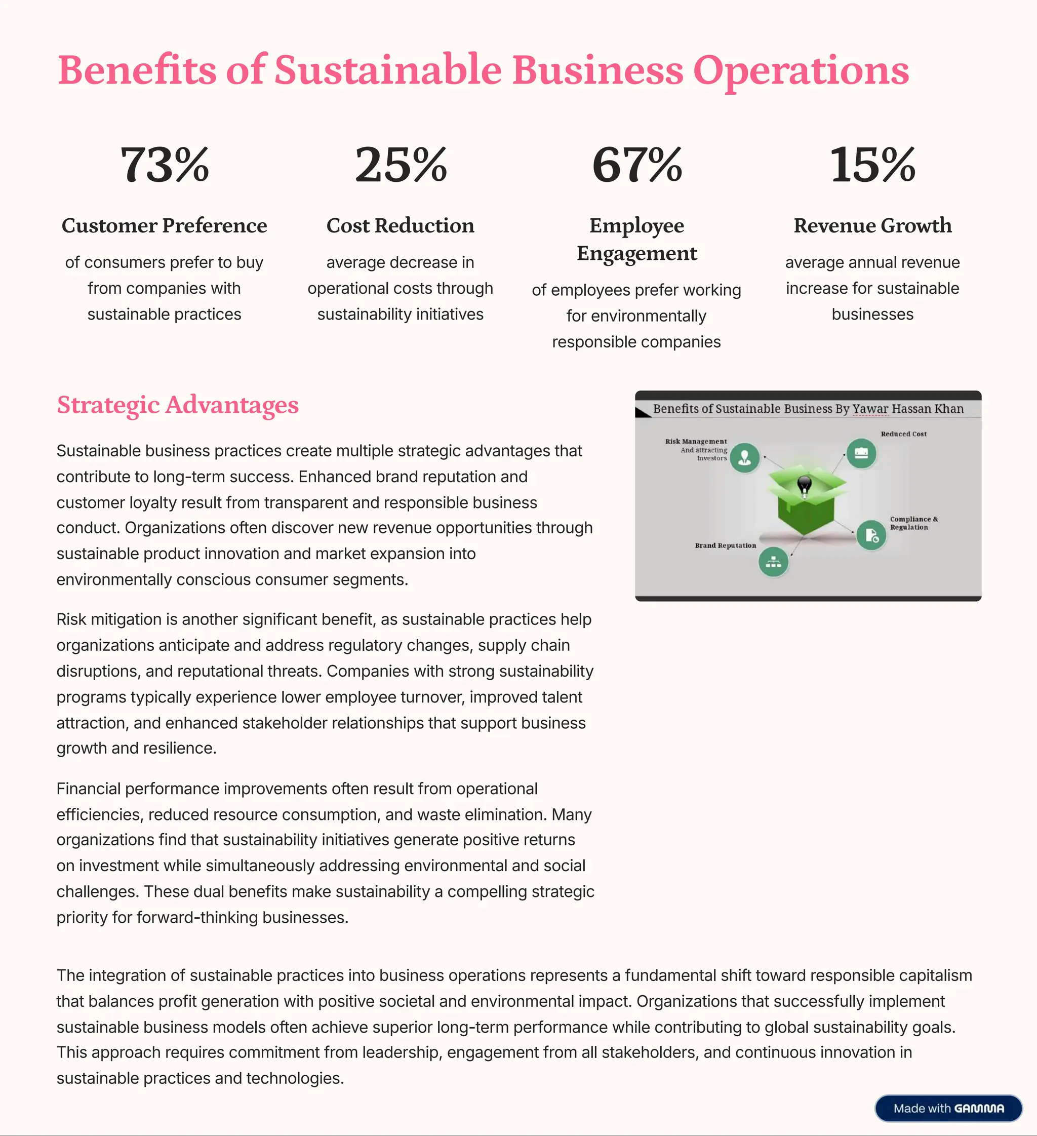 Benefits of Sustainable Business Operations
73%
Customer Preference
of consumers prefer to buy
from companies with
sustainable practices
25%
Cost Reduction
average decrease in
operational costs through
sustainability initiatives
67%
Employee
Engagement
of employees prefer working
for environmentally
responsible companies
15%
Revenue Growth
average annual revenue
increase for sustainable
businesses
Strategic Advantages
Sustainable business practices create multiple strategic advantages that
contribute to long-term success. Enhanced brand reputation and
customer loyalty result from transparent and responsible business
conduct. Organizations often discover new revenue opportunities through
sustainable product innovation and market expansion into
environmentally conscious consumer segments.
Risk mitigation is another significant benefit, as sustainable practices help
organizations anticipate and address regulatory changes, supply chain
disruptions, and reputational threats. Companies with strong sustainability
programs typically experience lower employee turnover, improved talent
attraction, and enhanced stakeholder relationships that support business
growth and resilience.
Financial performance improvements often result from operational
efficiencies, reduced resource consumption, and waste elimination. Many
organizations find that sustainability initiatives generate positive returns
on investment while simultaneously addressing environmental and social
challenges. These dual benefits make sustainability a compelling strategic
priority for forward-thinking businesses.
The integration of sustainable practices into business operations represents a fundamental shift toward responsible capitalism
that balances profit generation with positive societal and environmental impact. Organizations that successfully implement
sustainable business models often achieve superior long-term performance while contributing to global sustainability goals.
This approach requires commitment from leadership, engagement from all stakeholders, and continuous innovation in
sustainable practices and technologies.
 