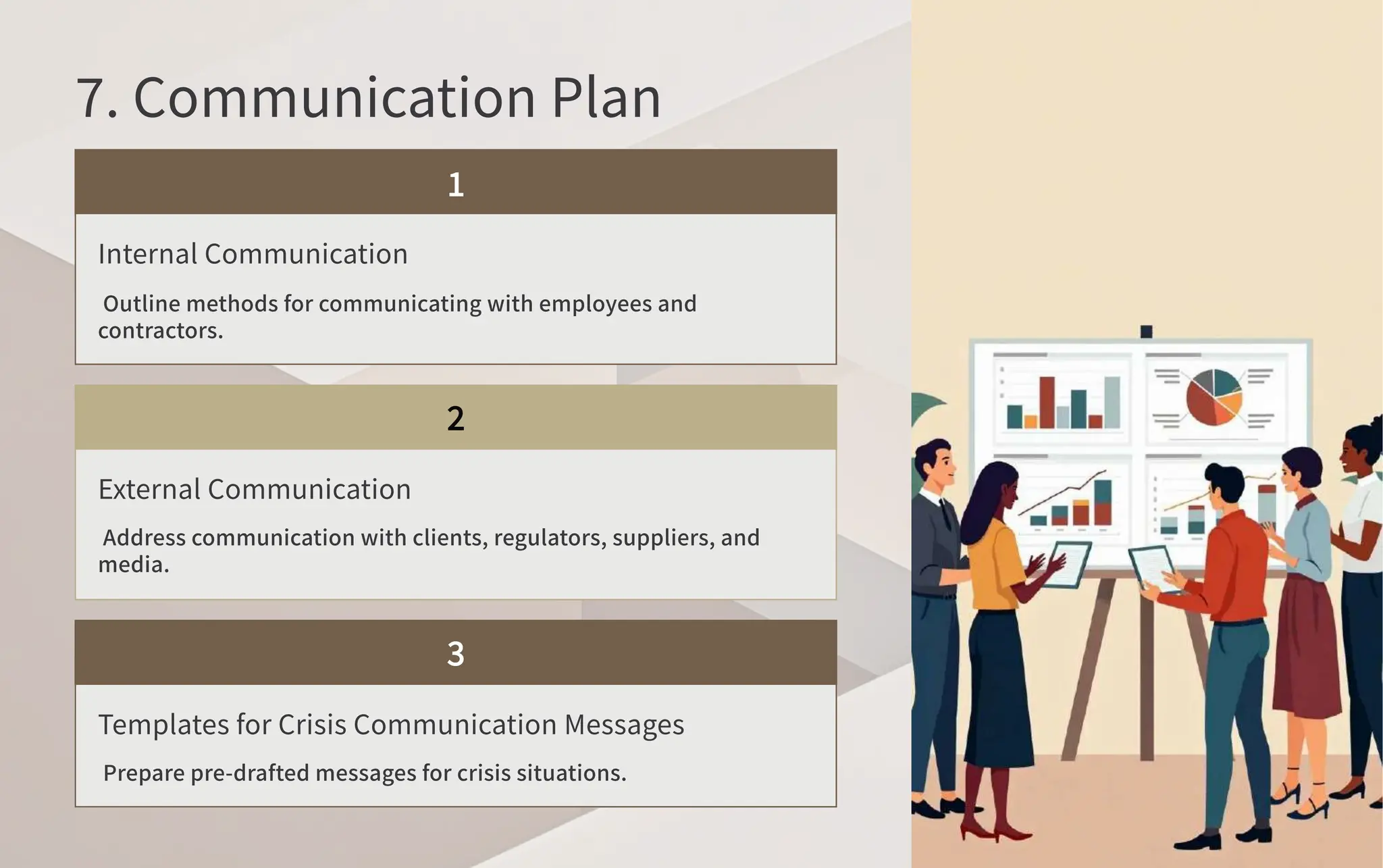 . Communication Plan
Internal Communication
Outline methods for communicating with employees and
contractors.
External Communication
Address communication with clients, regulators, suppliers, and
media.
Templates for Crisis Communication Messages
Prepare pre-drafted messages for crisis situations.
 