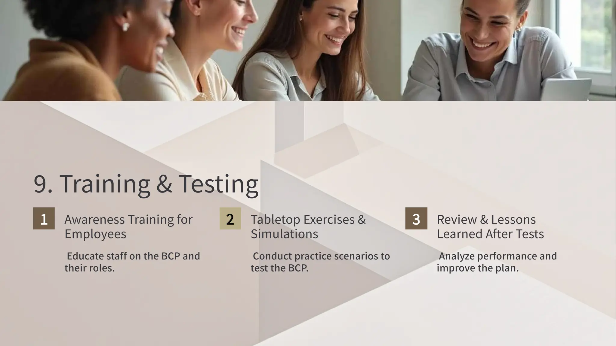 . Training & Testing
Awareness Training for
Employees
Educate staff on the BCP and
their roles.
Tabletop Exercises &
Simulations
Conduct practice scenarios to
test the BCP
.
Review & Lessons
Learned After Tests
Analyze performance and
improve the plan.
 
