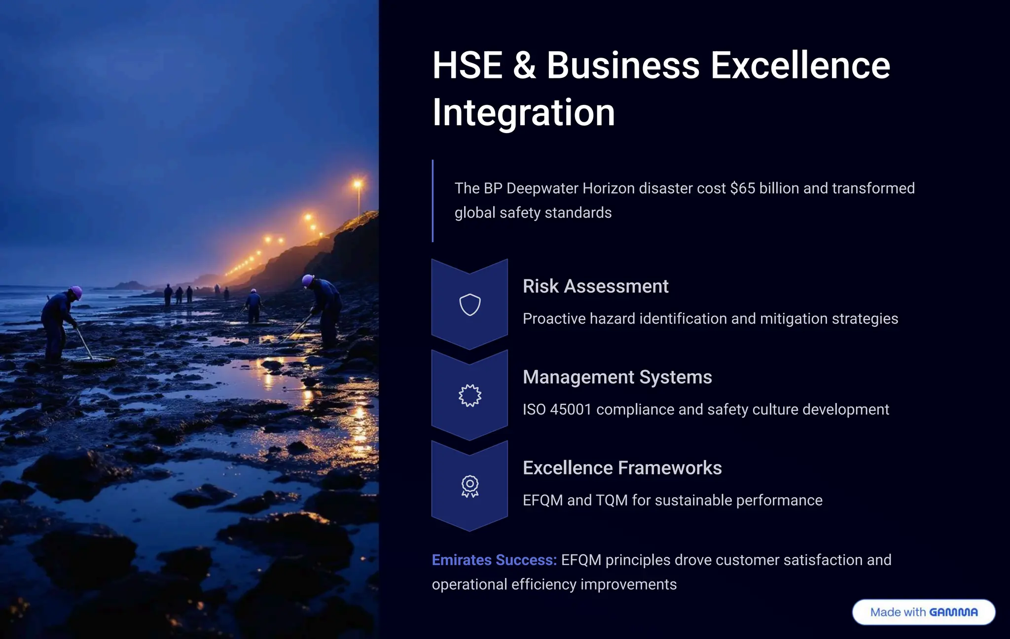 HSE & Business Excellence
Integration
The BP Deepwater Horizon disaster cost $65 billion and transformed
global safety standards
Risk Assessment
Proactive hazard identification and mitigation strategies
Management Systems
ISO 45001 compliance and safety culture development
Excellence Frameworks
EFQM and TQM for sustainable performance
Emirates Success: EFQM principles drove customer satisfaction and
operational efficiency improvements
 
