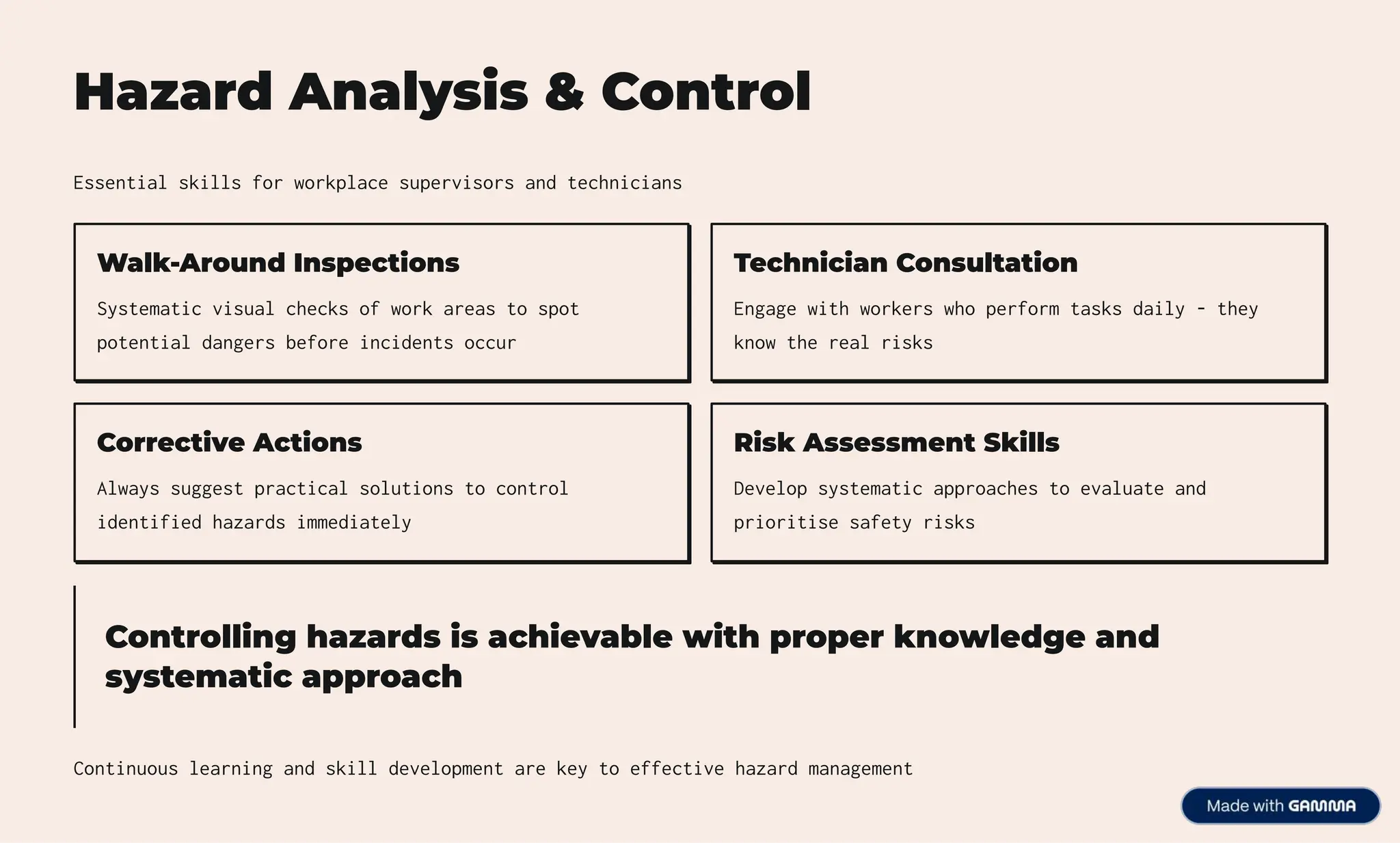 Hazard Analysis & Control
Essential skills for workplace supervisors and technicians
Walk-Around Inspections
Systematic visual checks of work areas to spot
potential dangers before incidents occur
Technician Consultation
Engage with workers who perform tasks daily - they
know the real risks
Corrective Actions
Always suggest practical solutions to control
identified hazards immediately
Risk Assessment Skills
Develop systematic approaches to evaluate and
prioritise safety risks
Controlling hazards is achievable with proper knowledge and
systematic approach
Continuous learning and skill development are key to effective hazard management
 