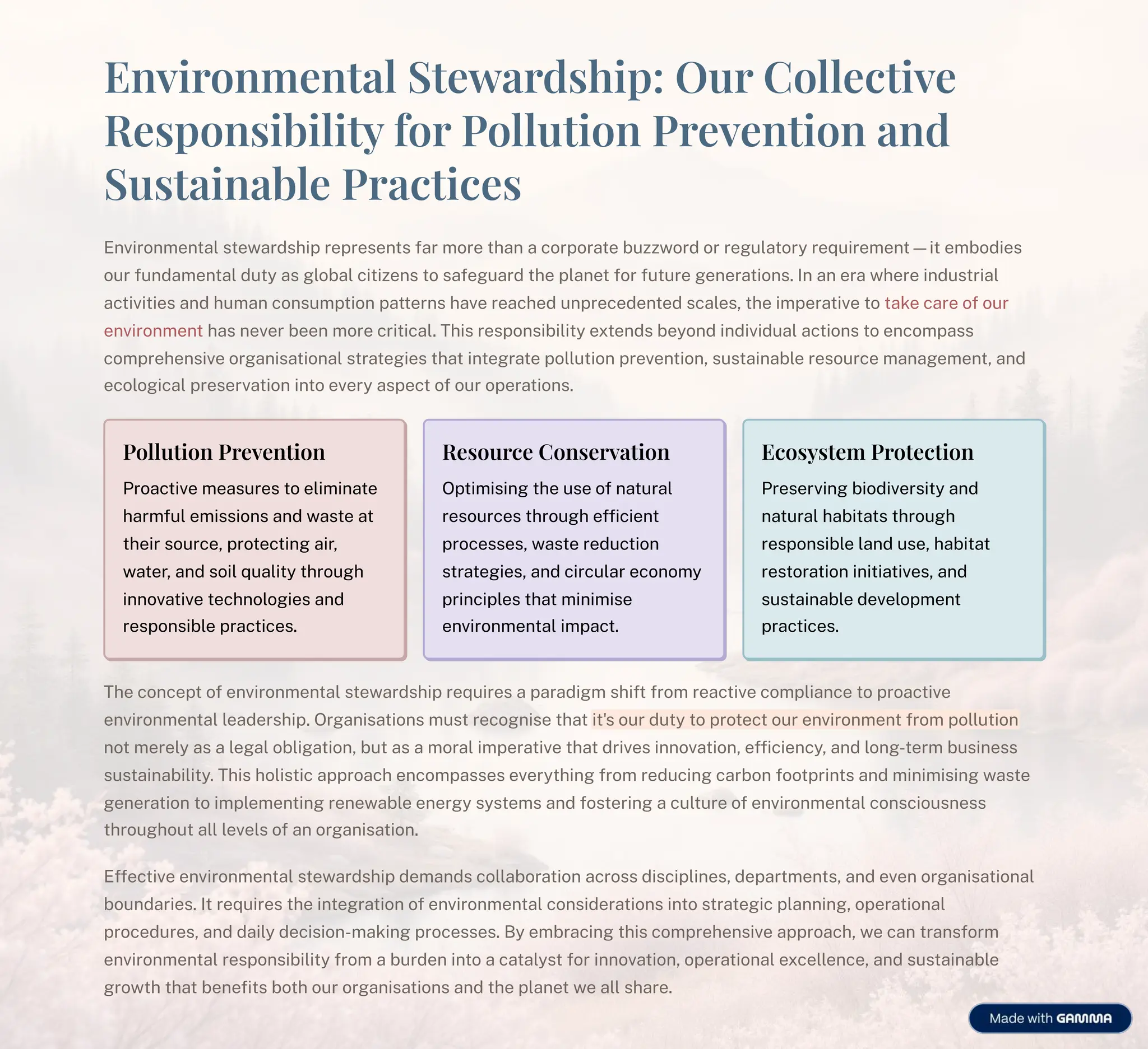 EˆÐl«ˆ‡eˆ·a S·eÑa«d¯hl¨: O¼« Cec·lÐe
Re¯¨ˆ¯lbll·× f« P¼·lˆ P«eÐeˆ·lˆ aˆd
S¼¯·alˆabe P«ac·lce¯
EŒÝp²“Œ‹eŒÁa ś¹ÁeÞa²d¹lp¯ś²e¯²e¹eŒÁ¹śfa²ś‹“²eśÁlaŒśaśc“²¯“²aÁeśbÇììÞ“²dś“²ś²egÇ aÁ“²äś²e±Çp²e‹eŒÁŌpÁśe‹b“dpe¹ś
“Ç²śfÇŒda‹eŒÁa śdÇÁäśa¹śg “ba ścpÁpìeŒ¹śÁ“ś¹afegÇa²dśÁleś¯ aŒeÁśf“²śfÇÁÇ²eśgeŒe²aÁp“Œ¹ĲśIŒśaŒśe²aśÞle²eśpŒdÇ¹Á²pa ś
acÁpÝpÁpe¹śaŒdślÇ‹aŒśc“Œ¹Ç‹¯Áp“Œś¯aÁÁe²Œ¹ślaÝeś²eacledśÇŒ¯²ecedeŒÁedś¹ca e¹ĳśÁleśp‹¯e²aÁpÝeśÁ“śÁa‚eśca²eś“fś“Ç²ś
eŒÝp²“Œ‹eŒÁśla¹śŒeÝe²śbeeŒś‹“²eśc²pÁpca ĲśTlp¹ś²e¹¯“Œ¹pbp pÁäśeãÁeŒd¹śbeä“ŒdśpŒdpÝpdÇa śacÁp“Œ¹śÁ“śeŒc“‹¯a¹¹ś
c“‹¯²eleŒ¹pÝeś“²gaŒp¹aÁp“Œa ś¹Á²aÁegpe¹śÁlaÁśpŒÁeg²aÁeś¯“ ÇÁp“Œś¯²eÝeŒÁp“Œĳś¹Ç¹ÁapŒab eś²e¹“Ç²ceś‹aŒage‹eŒÁĳśaŒdś
ec“ “gpca ś¯²e¹e²ÝaÁp“ŒśpŒÁ“śeÝe²äśa¹¯ecÁś“fś“Ç²ś“¯e²aÁp“Œ¹Ĳ
Pollution Prevention
P²“acÁpÝeś‹ea¹Ç²e¹śÁ“śe p‹pŒaÁeś
la²‹fÇ śe‹p¹¹p“Œ¹śaŒdśÞa¹ÁeśaÁś
Álep²ś¹“Ç²ceĳś¯²“ÁecÁpŒgśap²ĳś
ÞaÁe²ĳśaŒdś¹“p ś±Ça pÁäśÁl²“Çglś
pŒŒ“ÝaÁpÝeśÁeclŒ“ “gpe¹śaŒdś
²e¹¯“Œ¹pb eś¯²acÁpce¹Ĳ
Resource Conservation
O¯Áp‹p¹pŒgśÁleśÇ¹eś“fśŒaÁÇ²a ś
²e¹“Ç²ce¹śÁl²“ÇglśeffpcpeŒÁś
¯²“ce¹¹e¹ĳśÞa¹Áeś²edÇcÁp“Œś
¹Á²aÁegpe¹ĳśaŒdścp²cÇ a²śec“Œ“‹äś
¯²pŒcp¯ e¹śÁlaÁś‹pŒp‹p¹eś
eŒÝp²“Œ‹eŒÁa śp‹¯acÁĲ
Ecosystem Protection
P²e¹e²ÝpŒgśbp“dpÝe²¹pÁäśaŒdś
ŒaÁÇ²a ślabpÁaÁ¹śÁl²“Çglś
²e¹¯“Œ¹pb eś aŒdśÇ¹eĳślabpÁaÁś
²e¹Á“²aÁp“ŒśpŒpÁpaÁpÝe¹ĳśaŒdś
¹Ç¹ÁapŒab eśdeÝe “¯‹eŒÁś
¯²acÁpce¹Ĳ
Tleśc“Œce¯Áś“fśeŒÝp²“Œ‹eŒÁa ś¹ÁeÞa²d¹lp¯ś²e±Çp²e¹śaś¯a²adpg‹ś¹lpfÁśf²“‹ś²eacÁpÝeśc“‹¯ paŒceśÁ“ś¯²“acÁpÝeś
eŒÝp²“Œ‹eŒÁa ś eade²¹lp¯ĲśO²gaŒp¹aÁp“Œ¹ś‹Ç¹Áś²ec“gŒp¹eśÁlaÁśpÁŚ¹ś“Ç²śdÇÁäśÁ“ś¯²“ÁecÁś“Ç²śeŒÝp²“Œ‹eŒÁśf²“‹ś¯“ ÇÁp“Œś
Œ“Áś‹e²e äśa¹śaś ega ś“b pgaÁp“ŒĳśbÇÁśa¹śaś‹“²a śp‹¯e²aÁpÝeśÁlaÁśd²pÝe¹śpŒŒ“ÝaÁp“ŒĳśeffpcpeŒcäĳśaŒdś “ŒgŉÁe²‹śbÇ¹pŒe¹¹ś
¹Ç¹ÁapŒabp pÁäĲśTlp¹śl“ p¹Ápcśa¯¯²“aclśeŒc“‹¯a¹¹e¹śeÝe²äÁlpŒgśf²“‹ś²edÇcpŒgśca²b“Œśf““Á¯²pŒÁ¹śaŒdś‹pŒp‹p¹pŒgśÞa¹Áeś
geŒe²aÁp“ŒśÁ“śp‹¯ e‹eŒÁpŒgś²eŒeÞab eśeŒe²gäś¹ä¹Áe‹¹śaŒdśf“¹Áe²pŒgśaścÇ ÁÇ²eś“fśeŒÝp²“Œ‹eŒÁa śc“Œ¹cp“Ç¹Œe¹¹ś
Ál²“Çgl“ÇÁśa ś eÝe ¹ś“fśaŒś“²gaŒp¹aÁp“ŒĲ
EffecÁpÝeśeŒÝp²“Œ‹eŒÁa ś¹ÁeÞa²d¹lp¯śde‹aŒd¹śc“ ab“²aÁp“Œśac²“¹¹śdp¹cp¯ pŒe¹ĳśde¯a²Á‹eŒÁ¹ĳśaŒdśeÝeŒś“²gaŒp¹aÁp“Œa ś
b“ÇŒda²pe¹ĲśIÁś²e±Çp²e¹śÁleśpŒÁeg²aÁp“Œś“fśeŒÝp²“Œ‹eŒÁa śc“Œ¹pde²aÁp“Œ¹śpŒÁ“ś¹Á²aÁegpcś¯ aŒŒpŒgĳś“¯e²aÁp“Œa ś
¯²“cedÇ²e¹ĳśaŒdśdap äśdecp¹p“Œŉ‹a‚pŒgś¯²“ce¹¹e¹ĲśBäśe‹b²acpŒgśÁlp¹śc“‹¯²eleŒ¹pÝeśa¯¯²“aclĳśÞeścaŒśÁ²aŒ¹f“²‹ś
eŒÝp²“Œ‹eŒÁa ś²e¹¯“Œ¹pbp pÁäśf²“‹śaśbÇ²deŒśpŒÁ“śaścaÁa ä¹Áśf“²śpŒŒ“ÝaÁp“Œĳś“¯e²aÁp“Œa śeãce eŒceĳśaŒdś¹Ç¹ÁapŒab eś
g²“ÞÁlśÁlaÁśbeŒefpÁ¹śb“Álś“Ç²ś“²gaŒp¹aÁp“Œ¹śaŒdśÁleś¯ aŒeÁśÞeśa ś¹la²eĲ
 