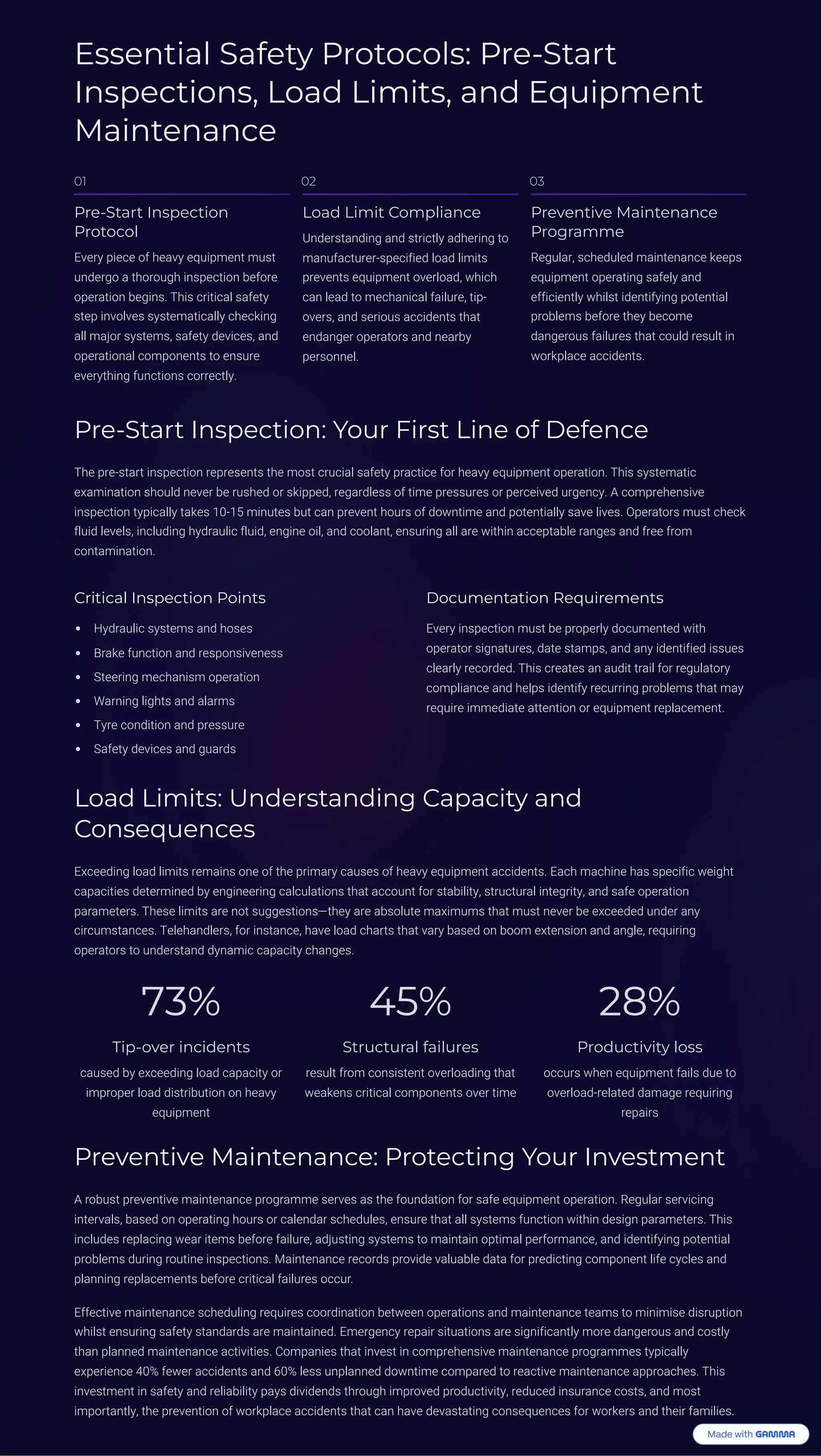 Essential Safety Protocols: Pre-Start
Inspections, Load Limits, and Equipment
Maintenance
01
Pre-Start Inspection
Protocol
Every piece of heavy equipment must
undergo a thorough inspection before
operation begins. This critical safety
step involves systematically checking
all major systems, safety devices, and
operational components to ensure
everything functions correctly.
02
Load Limit Compliance
Understanding and strictly adhering to
manufacturer-specified load limits
prevents equipment overload, which
can lead to mechanical failure, tip-
overs, and serious accidents that
endanger operators and nearby
personnel.
03
Preventive Maintenance
Programme
Regular, scheduled maintenance keeps
equipment operating safely and
efficiently whilst identifying potential
problems before they become
dangerous failures that could result in
workplace accidents.
Pre-Start Inspection: Your First Line of Defence
The pre-start inspection represents the most crucial safety practice for heavy equipment operation. This systematic
examination should never be rushed or skipped, regardless of time pressures or perceived urgency. A comprehensive
inspection typically takes 10-15 minutes but can prevent hours of downtime and potentially save lives. Operators must check
fluid levels, including hydraulic fluid, engine oil, and coolant, ensuring all are within acceptable ranges and free from
contamination.
Critical Inspection Points
Hydraulic systems and hoses
Brake function and responsiveness
Steering mechanism operation
Warning lights and alarms
Tyre condition and pressure
Safety devices and guards
Documentation Requirements
Every inspection must be properly documented with
operator signatures, date stamps, and any identified issues
clearly recorded. This creates an audit trail for regulatory
compliance and helps identify recurring problems that may
require immediate attention or equipment replacement.
Load Limits: Understanding Capacity and
Consequences
Exceeding load limits remains one of the primary causes of heavy equipment accidents. Each machine has specific weight
capacities determined by engineering calculations that account for stability, structural integrity, and safe operation
parameters. These limits are not suggestions4they are absolute maximums that must never be exceeded under any
circumstances. Telehandlers, for instance, have load charts that vary based on boom extension and angle, requiring
operators to understand dynamic capacity changes.
73%
Tip-over incidents
caused by exceeding load capacity or
improper load distribution on heavy
equipment
45%
Structural failures
result from consistent overloading that
weakens critical components over time
28%
Productivity loss
occurs when equipment fails due to
overload-related damage requiring
repairs
Preventive Maintenance: Protecting Your Investment
A robust preventive maintenance programme serves as the foundation for safe equipment operation. Regular servicing
intervals, based on operating hours or calendar schedules, ensure that all systems function within design parameters. This
includes replacing wear items before failure, adjusting systems to maintain optimal performance, and identifying potential
problems during routine inspections. Maintenance records provide valuable data for predicting component life cycles and
planning replacements before critical failures occur.
Effective maintenance scheduling requires coordination between operations and maintenance teams to minimise disruption
whilst ensuring safety standards are maintained. Emergency repair situations are significantly more dangerous and costly
than planned maintenance activities. Companies that invest in comprehensive maintenance programmes typically
experience 40% fewer accidents and 60% less unplanned downtime compared to reactive maintenance approaches. This
investment in safety and reliability pays dividends through improved productivity, reduced insurance costs, and most
importantly, the prevention of workplace accidents that can have devastating consequences for workers and their families.
 