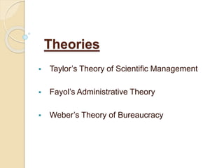 Theories
 Taylor’s Theory of Scientific Management
 Fayol’s Administrative Theory
 Weber’s Theory of Bureaucracy
 