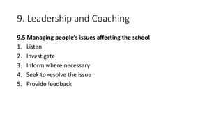 9. Leadership and Coaching
9.5 Managing people’s issues affecting the school
1. Listen
2. Investigate
3. Inform where necessary
4. Seek to resolve the issue
5. Provide feedback
 