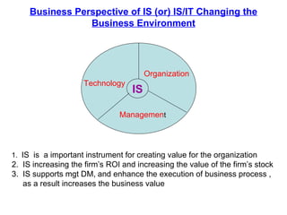 Business Perspective of IS (or) IS/IT Changing the Business Environment IS Technology Organization Managemen t 1.  IS  is  a important instrument for creating value for the organization 2.  IS increasing the firm’s ROI and increasing the value of the firm’s stock 3.  IS supports mgt DM, and enhance the execution of business process ,  as a result increases the business value  