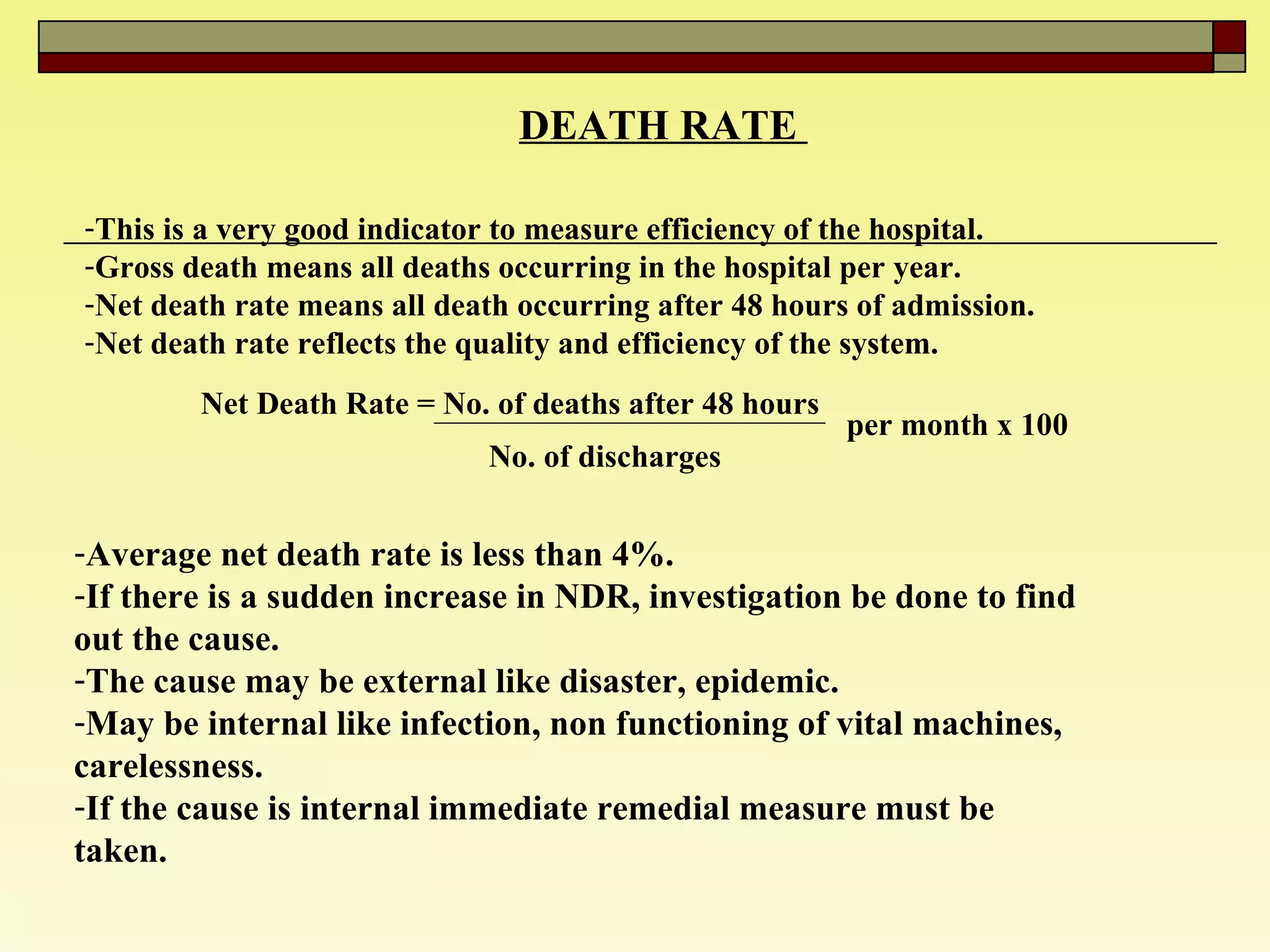 DEATH RATE  This is a very good indicator to measure efficiency of the hospital.  Gross death means all deaths occurring in the hospital per year.  Net death rate means all death occurring after 48 hours of admission.  Net death rate reflects the quality and efficiency of the system.  Net Death Rate = No. of deaths after 48 hours No. of discharges  per month x 100 Average net death rate is less than 4%. If there is a sudden increase in NDR, investigation be done to find out the cause.  The cause may be external like disaster, epidemic.  May be internal like infection, non functioning of vital machines, carelessness.  If the cause is internal immediate remedial measure must be taken.  