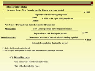 (B) Morbidity Rates (C).  Disability rates No of days of Restricted activities No of bed disability rates   Incidence Rate: New Cases in specific disease in a given period Population at risk during the period   X 1000 5000 30,000  X 1000  = 16.7 per 1000 population  New Cases / During Given Period / Specified Population  Attack Rate: New Cases specified period specific disease  Population at risk during the period  X 100 Prevalence Rate: Number of all cases of specific disease during a period  Estimated population during the period  X 1000 P = I x D = Incidence x Duration/ Period  I = P/D  = It gives the magnitude of disease helps in Health Service planning & prevention   