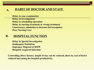A. HABIT OF DOCTOR AND STAFF  Delay in case examination  Delay in investigations  Delay in scheduling operation Delay in starting treatment or wrong treatment  Unnecessary admission to increase bed occupancy  Poor Nursing Care  B. HOSPITAL FUNCTION   Delay in Special Investigation  Inadequate Sanitation  Improper Disposal of BMW Hospital Acquired Infection  Controlling above factors, length of stay can be reduced, there by cost of bed is reduced increasing the hospital productivity.  