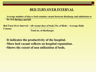 BED TURN OVER INTERVAL   Average number of days a bed remains vacant between discharge and admission to the bed  during a period . Bed Turn Over Interval  =  All vacant days of beds (No. of Beds – Average Daily Census)   Total no. of discharges   It indicates the productivity of the hospital. More bed vacant reflects on hospital reputation.  Shows the extent of non utilization of beds.  