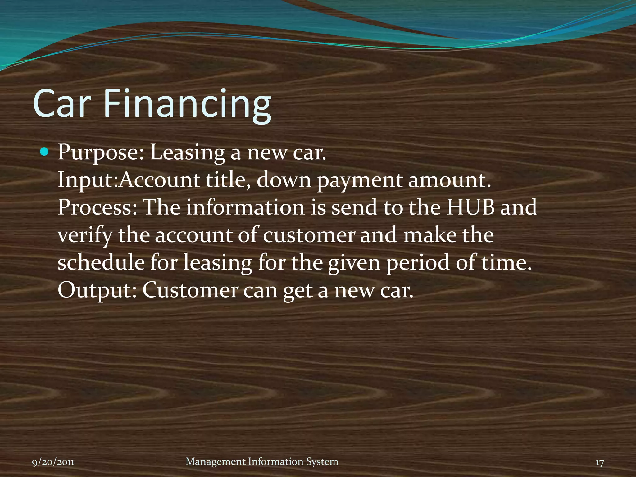 Payroll TPSIn Standard Chartered payroll TPS is designed to get information and record of the employ andthen to calculate his/her annual earning.It get information about the employee from the employee’s department and from general ledgerand send it to payroll TPS from where it links that information with the previous record andprepare a report which is forwarded to management. Management takes notice the “LN” recordof the employee’s efficiency to work and may declare added bonus or other incentive. This reportis checked and approved by the branch manager after which check is issued to the employee.And when that check is cashed, the record is updated in the general ledger as well as the masterpayroll (HUB).9/20/2011Management Information System8