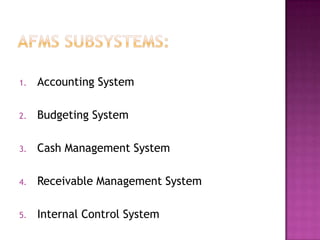 1.   Accounting System

2.   Budgeting System

3.   Cash Management System

4.   Receivable Management System

5.   Internal Control System
 