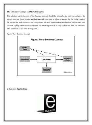 The E-Business Concept and Market Research
The selection and refinement of the business concept should be integrally tied into knowledge of the
market it serves. In performing market research care must be taken to account for the global reach of
the Internet for both customers and competitors. It is also important to remember that markets shift, and
can shift rapidly under certain conditions. But most important is to truly understand what the market is,
who comprises it, and what do they want.
Figure: The e-Business Concept
e-Business Technology
 