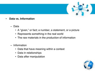 Free Powerpoint Templates
Page 6
• Data vs. Information
– Data
• A “given,” or fact; a number, a statement, or a picture
• Represents something in the real world
• The raw materials in the production of information
– Information
• Data that have meaning within a context
• Data in relationships
• Data after manipulation
 