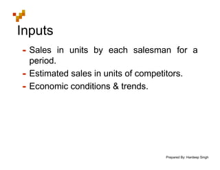 Prepared By: Hardeep Singh
Inputs
• Sales in units by each salesman for a
period.
• Estimated sales in units of competitors.
• Economic conditions & trends.
 