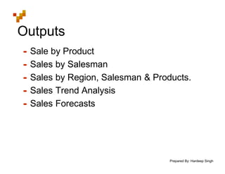 Prepared By: Hardeep Singh
Outputs
• Sale by Product
• Sales by Salesman
• Sales by Region, Salesman & Products.
• Sales Trend Analysis
• Sales Forecasts
 