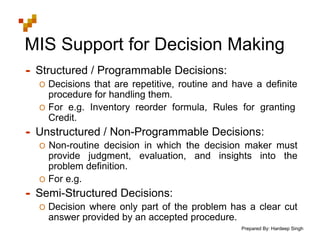 Prepared By: Hardeep Singh
MIS Support for Decision Making
• Structured / Programmable Decisions:
O Decisions that are repetitive, routine and have a definite
procedure for handling them.
O For e.g. Inventory reorder formula, Rules for granting
Credit.
• Unstructured / Non-Programmable Decisions:
O Non-routine decision in which the decision maker must
provide judgment, evaluation, and insights into the
problem definition.
O For e.g.
• Semi-Structured Decisions:
O Decision where only part of the problem has a clear cut
answer provided by an accepted procedure.
 