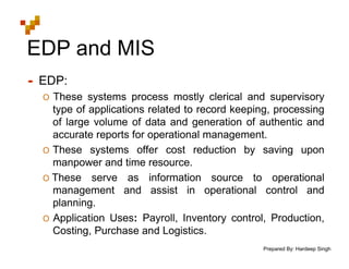 Prepared By: Hardeep Singh
EDP and MIS
• EDP:
O These systems process mostly clerical and supervisory
type of applications related to record keeping, processing
of large volume of data and generation of authentic and
accurate reports for operational management.
O These systems offer cost reduction by saving upon
manpower and time resource.
O These serve as information source to operational
management and assist in operational control and
planning.
O Application Uses: Payroll, Inventory control, Production,
Costing, Purchase and Logistics.
 