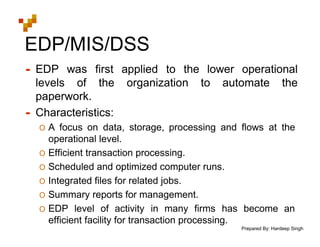 Prepared By: Hardeep Singh
EDP/MIS/DSS
• EDP was first applied to the lower operational
levels of the organization to automate the
paperwork.
• Characteristics:
O A focus on data, storage, processing and flows at the
operational level.
O Efficient transaction processing.
O Scheduled and optimized computer runs.
O Integrated files for related jobs.
O Summary reports for management.
O EDP level of activity in many firms has become an
efficient facility for transaction processing.
 