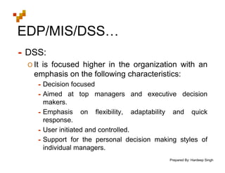Prepared By: Hardeep Singh
EDP/MIS/DSS…
• DSS:
O It is focused higher in the organization with an
emphasis on the following characteristics:
• Decision focused
• Aimed at top managers and executive decision
makers.
• Emphasis on flexibility, adaptability and quick
response.
• User initiated and controlled.
• Support for the personal decision making styles of
individual managers.
 