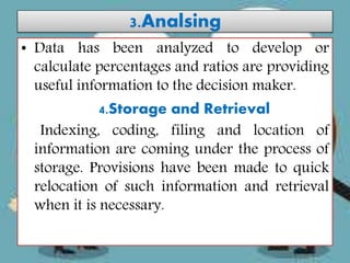 3.Analsing
• Data has been analyzed to develop or
calculate percentages and ratios are providing
useful information to the decision maker.
4.Storage and Retrieval
Indexing, coding, filing and location of
information are coming under the process of
storage. Provisions have been made to quick
relocation of such information and retrieval
when it is necessary.
 