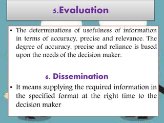 5.Evaluation
• The determinations of usefulness of information
in terms of accuracy, precise and relevance. The
degree of accuracy, precise and reliance is based
upon the needs of the decision maker.
6. Dissemination
• It means supplying the required information in
the specified format at the right time to the
decision maker
 