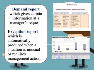 Demand report
which gives certain
information at a
manager’s request.
Exception report
which is
automatically
produced when a
situation is unusual
or requires
management action.
 