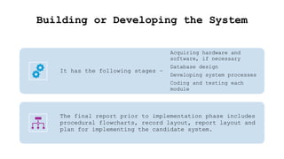 Building or Developing the System
It has the following stages −
Acquiring hardware and
software, if necessary
Database design
Developing system processes
Coding and testing each
module
The final report prior to implementation phase includes
procedural flowcharts, record layout, report layout and
plan for implementing the candidate system.
 