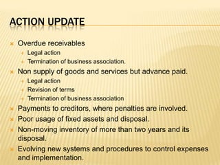 Action updateOverdue receivablesLegal actionTermination of business association.Non supply of goods and services but advance paid.Legal actionRevision of termsTermination of business associationPayments to creditors, where penalties are involved.Poor usage of fixed assets and disposal.Non-moving inventory of more than two years and its disposal.Evolving new systems and procedures to control expenses and implementation.