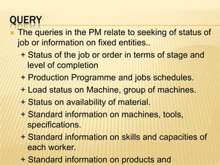 QueryThe queries in the PM relate to seeking of status of job or information on fixed entities..+ Status of the job or order in terms of stage and  level of completion+ Production Programme and jobs schedules.+ Load status on Machine, group of machines.+ Status on availability of material.+ Standard information on machines, tools,      specifications.+ Standard information on skills and capacities of       each worker.+ Standard information on products and processes. 
