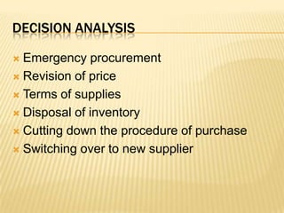 Decision analysisEmergency procurementRevision of priceTerms of suppliesDisposal of inventoryCutting down the procedure of purchaseSwitching over to new supplier