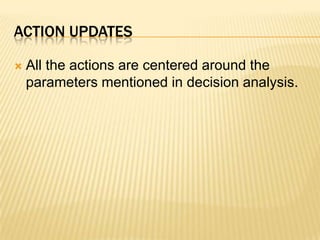 Action updatesAll the actions are centered around the parameters mentioned in decision analysis.