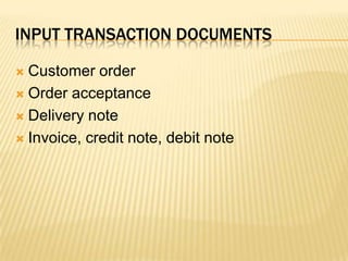 Input transaction documentsCustomer orderOrder acceptanceDelivery noteInvoice, credit note, debit note