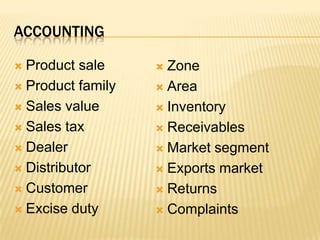 accountingProduct saleProduct familySales valueSales taxDealerDistributorCustomerExcise dutyZoneAreaInventoryReceivablesMarket segmentExports marketReturnsComplaints 
