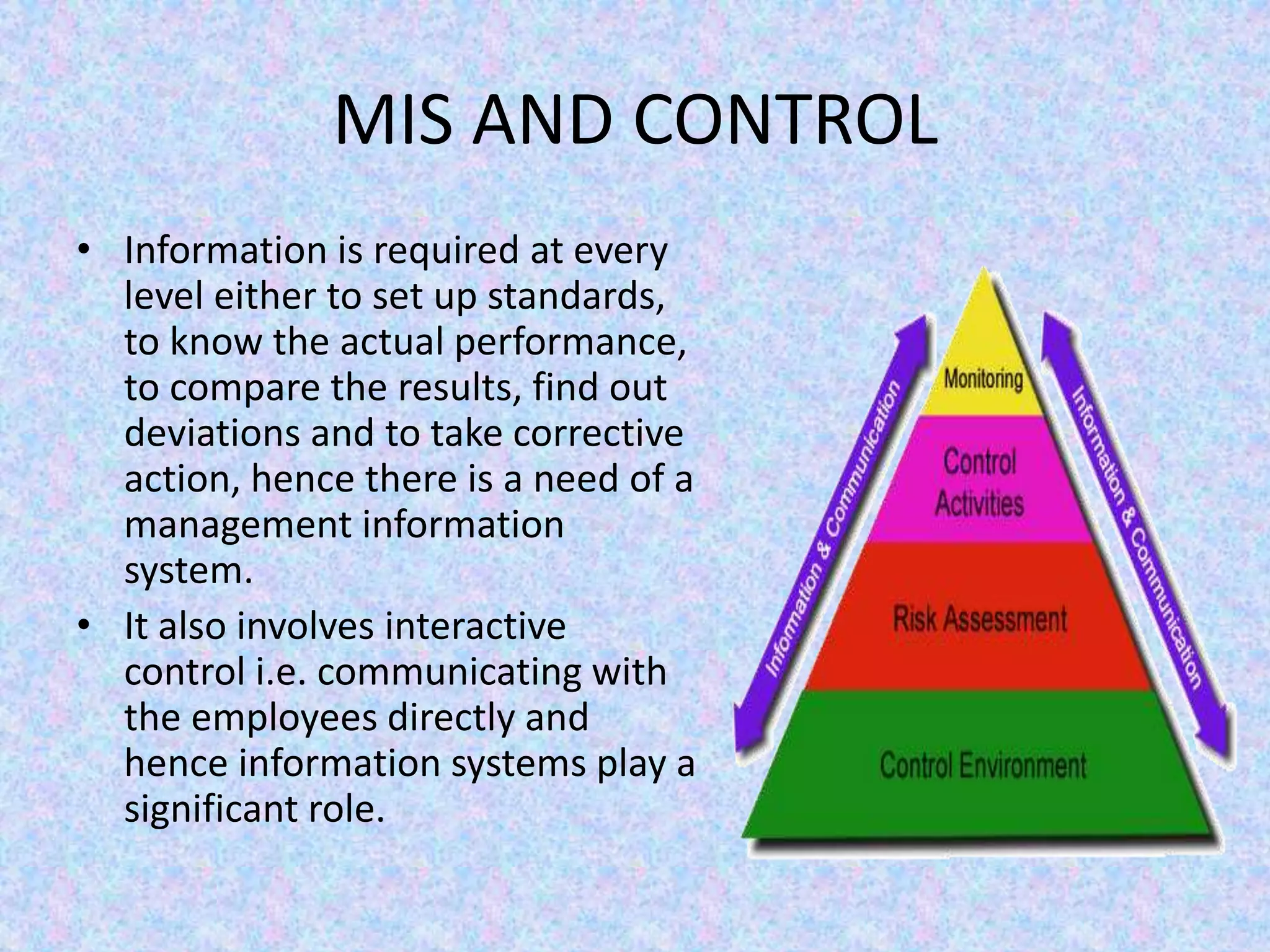 MIS AND CONTROL
• Information is required at every
level either to set up standards,
to know the actual performance,
to compare the results, find out
deviations and to take corrective
action, hence there is a need of a
management information
system.
• It also involves interactive
control i.e. communicating with
the employees directly and
hence information systems play a
significant role.
 