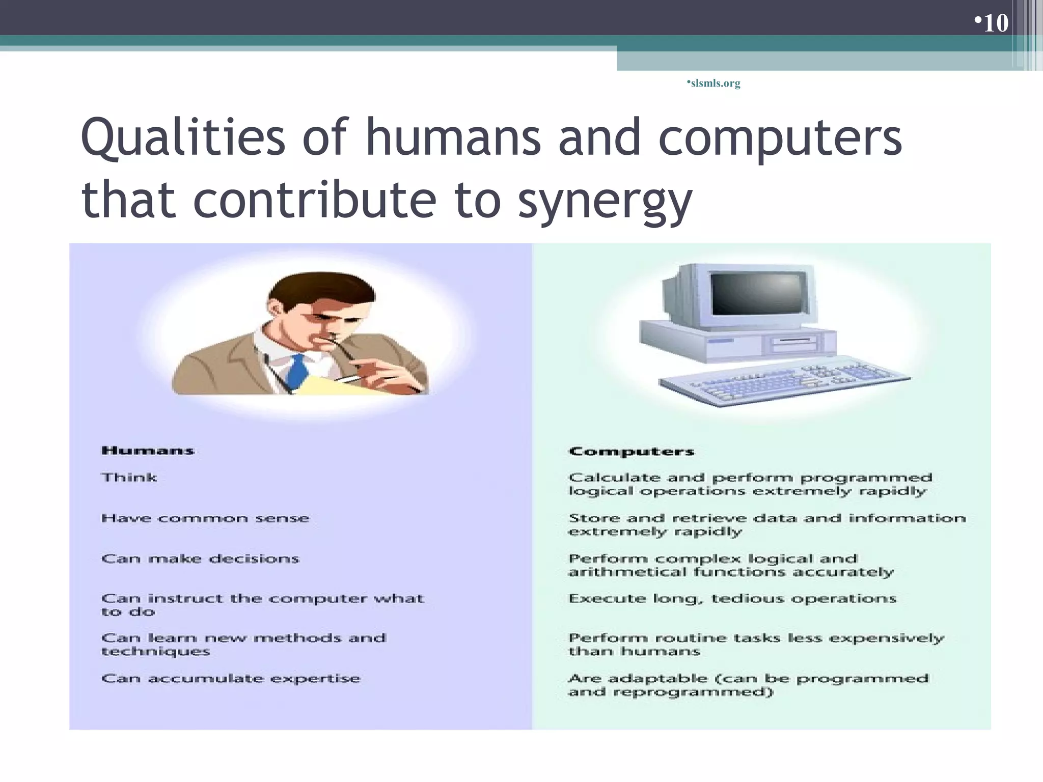 slsmls.org 
Qualities of humans and computers 
that contribute to synergy 
10 
 
