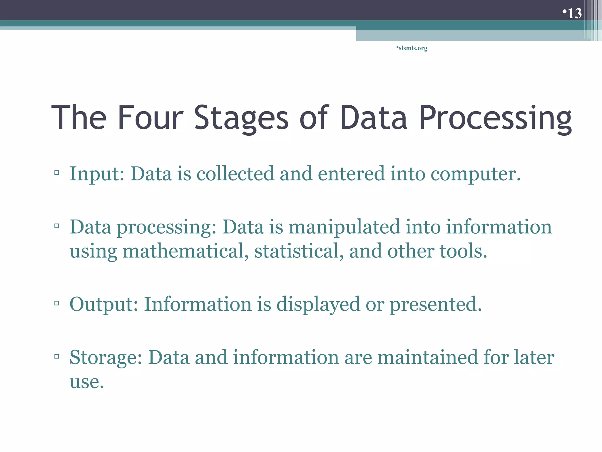 slsmls.org 
The Four Stages of Data Processing 
▫ Input: Data is collected and entered into computer. 
▫ Data processing: Data is manipulated into information 
using mathematical, statistical, and other tools. 
▫ Output: Information is displayed or presented. 
▫ Storage: Data and information are maintained for later 
use. 
13 
 