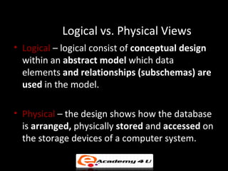 Logical vs. Physical Views
• Logical – logical consist of conceptual design
  within an abstract model which data
  elements and relationships (subschemas) are
  used in the model.

• Physical – the design shows how the database
  is arranged, physically stored and accessed on
  the storage devices of a computer system.
 