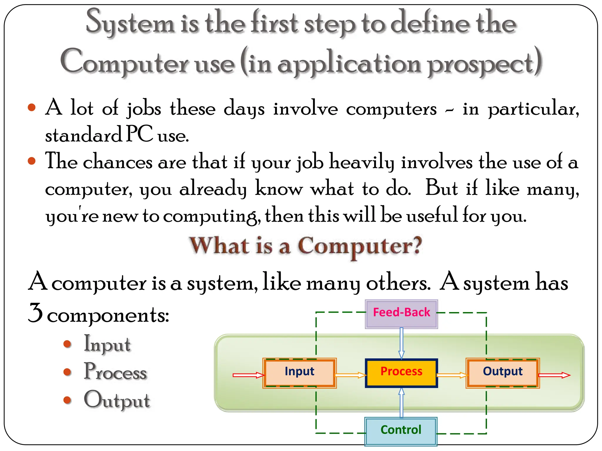 Systemis the first step to define the
Computeruse (in applicationprospect)
 A lot of jobs these days involve computers - in particular,
standardPC use.
 The chances are that if your job heavily involves the use of a
computer, you already know what to do. But if like many,
you'renew to computing,thenthis will be useful for you.
A computer is a system, like many others. A system has
3 components:
 Input
 Process
 Output
Input Process Output
Feed-Back
Control
 