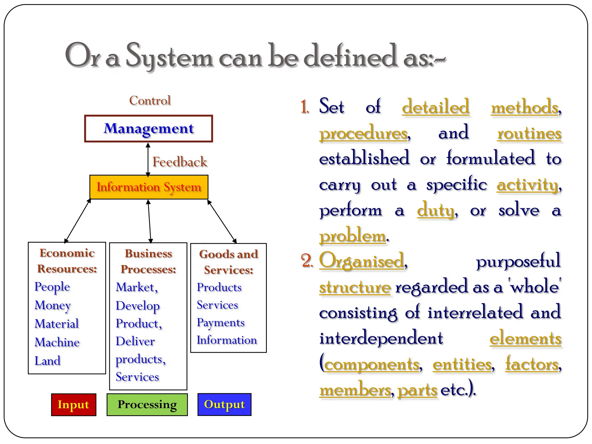 Ora System can be defined as:-
1. Set of detailed methods,
procedures, and routines
established or formulated to
carry out a specific activity,
perform a duty, or solve a
problem.
2. Organised, purposeful
structure regarded as a 'whole'
consisting of interrelated and
interdependent elements
(components, entities, factors,
members,parts etc.).
Management
Information System
Economic
Resources:
People
Money
Material
Machine
Land
Business
Processes:
Market,
Develop
Product,
Deliver
products,
Services
Goods and
Services:
Products
Services
Payments
Information
Input Processing Output
Control
Feedback
 