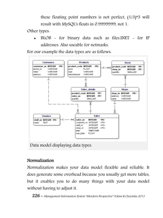 226 – Management Information System “Mordern Perspective” Yekini & Oyeyinka 2013
these floating point numbers is not perfect, (1/3)*3 will
result with MySQL's floats in 0.9999999, not 1.
Other types:
 BLOB - for binary data such as files.INET - for IP
addresses. Also useable for netmasks.
For our example the data types are as follows:
Data model displaying data types.
Normalization
Normalization makes your data model flexible and reliable. It
does generate some overhead because you usually get more tables,
but it enables you to do many things with your data model
without having to adjust it.
 