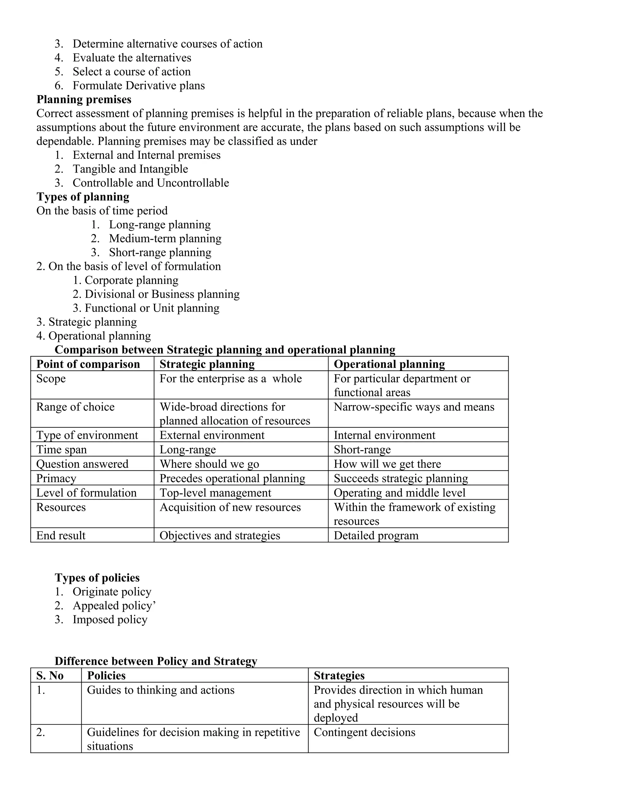 3. Determine alternative courses of action
    4. Evaluate the alternatives
    5. Select a course of action
    6. Formulate Derivative plans
Planning premises
Correct assessment of planning premises is helpful in the preparation of reliable plans, because when the
assumptions about the future environment are accurate, the plans based on such assumptions will be
dependable. Planning premises may be classified as under
    1. External and Internal premises
    2. Tangible and Intangible
    3. Controllable and Uncontrollable
Types of planning
On the basis of time period
            1. Long-range planning
            2. Medium-term planning
            3. Short-range planning
2. On the basis of level of formulation
        1. Corporate planning
        2. Divisional or Business planning
        3. Functional or Unit planning
3. Strategic planning
4. Operational planning
    Comparison between Strategic planning and operational planning
Point of comparison        Strategic planning                Operational planning
Scope                      For the enterprise as a whole     For particular department or
                                                             functional areas
Range of choice            Wide-broad directions for         Narrow-specific ways and means
                           planned allocation of resources
Type of environment        External environment              Internal environment
Time span                  Long-range                        Short-range
Question answered          Where should we go                How will we get there
Primacy                    Precedes operational planning     Succeeds strategic planning
Level of formulation       Top-level management              Operating and middle level
Resources                  Acquisition of new resources      Within the framework of existing
                                                             resources
End result                 Objectives and strategies         Detailed program


     Types of policies
     1. Originate policy
     2. Appealed policy’
     3. Imposed policy


    Difference between Policy and Strategy
S. No     Policies                                        Strategies
1.        Guides to thinking and actions                  Provides direction in which human
                                                          and physical resources will be
                                                          deployed
2.         Guidelines for decision making in repetitive   Contingent decisions
           situations
 