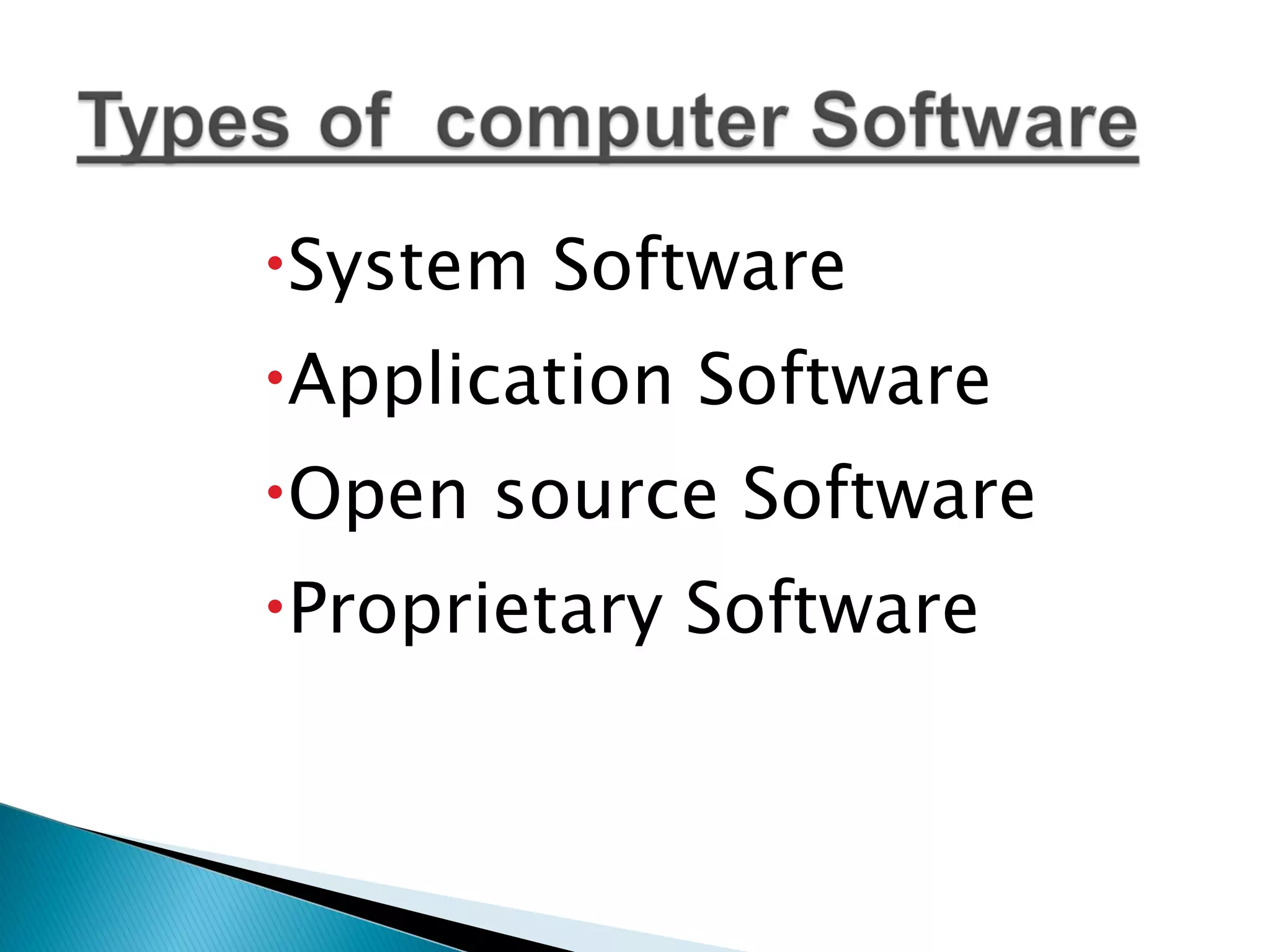 System Software Application Software Open source Software Proprietary Software 